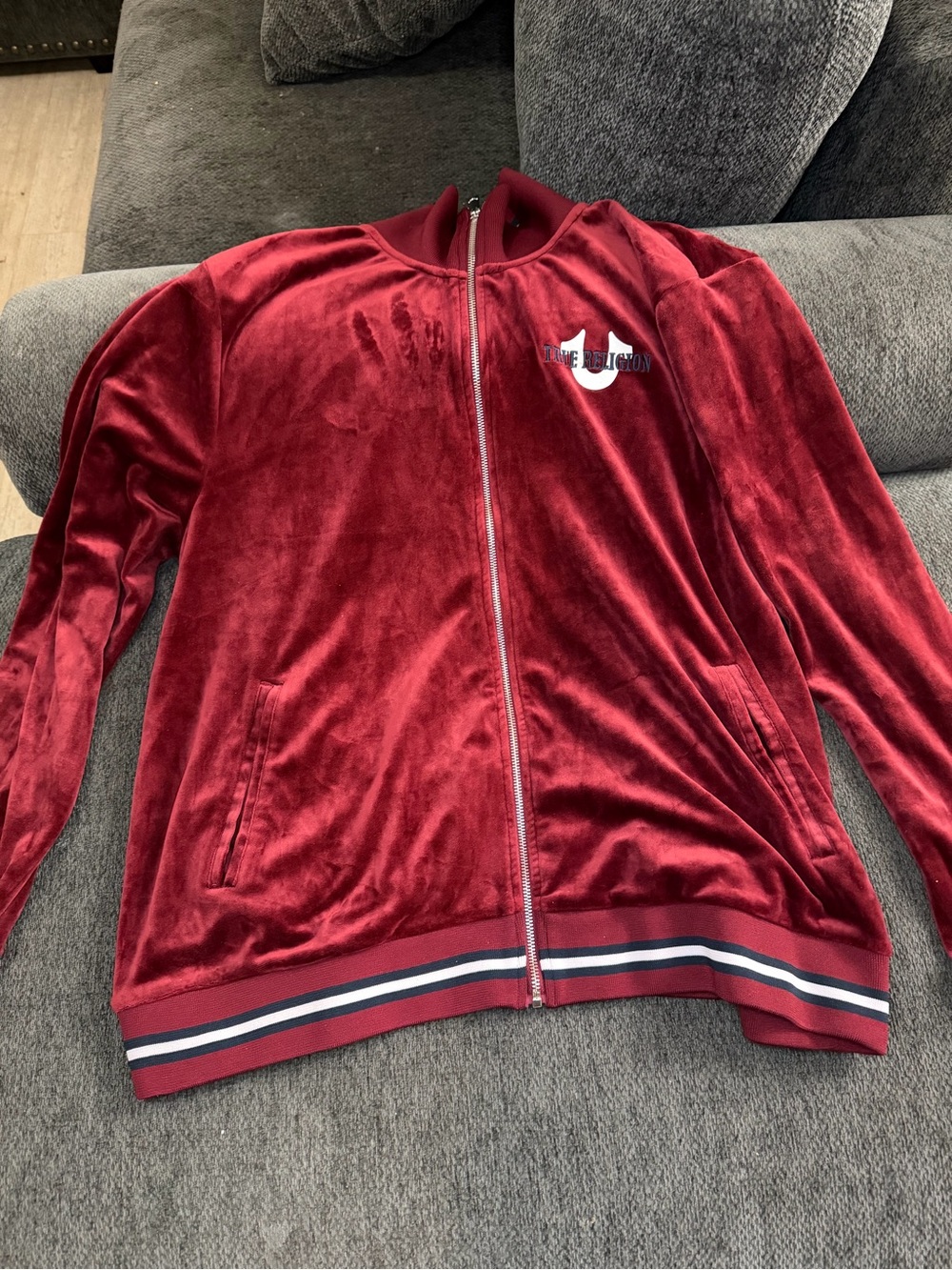 True Religion Red Velour Zip-Front Bomber Jacket